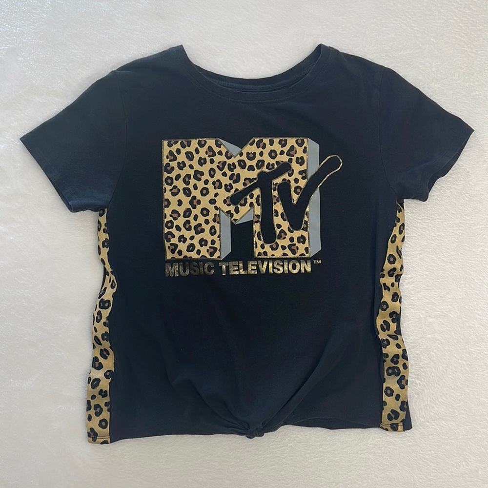 MTV Black‎ Animal Print Logo Knot Front Short Sleeve T-Shirt sz XS
